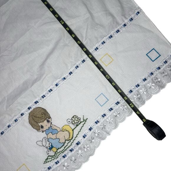 Vtg Precious Moments Baby Blanket Sheet Baby Boy Cross Stitch Embroidered Lace - Picture 4 of 5